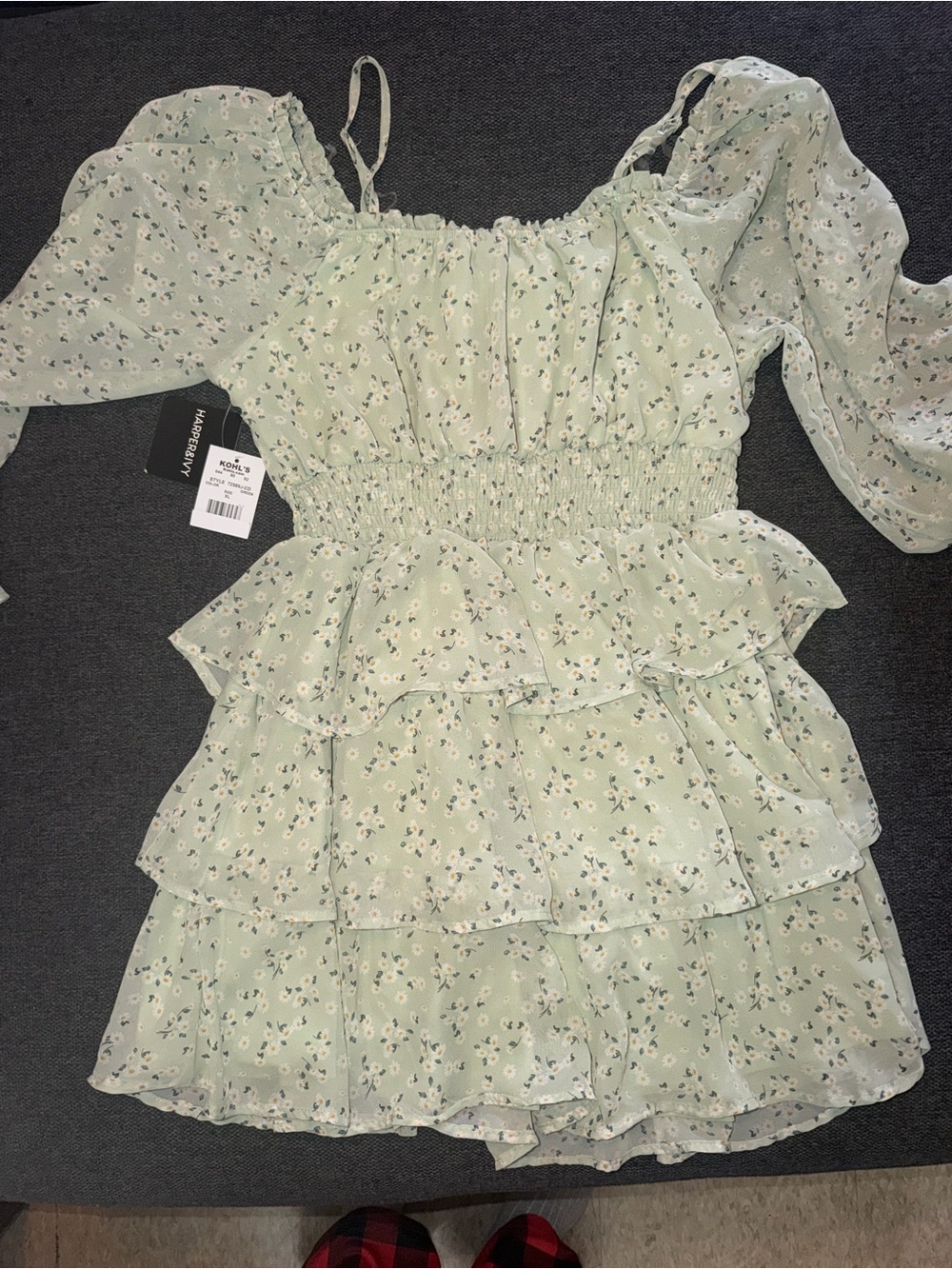 Harper & Ivy Sage Kohl’s Green Floral Off Shoulder Tiered Mini Dress XL NWT